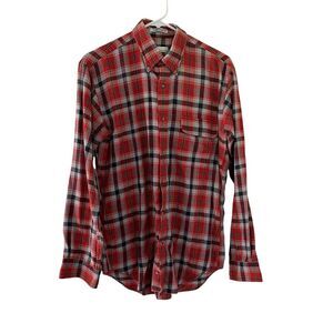 Enro‎ Shirt Mens MED Red Orange Gray Plaid Button Up Long Sleeve Cotton